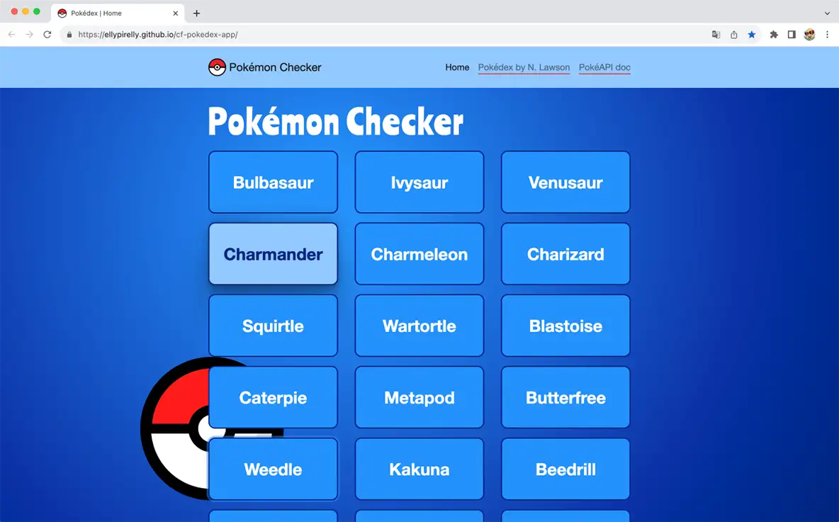 browser window screenshot of the pokemon checker app showing a list of pokemon names