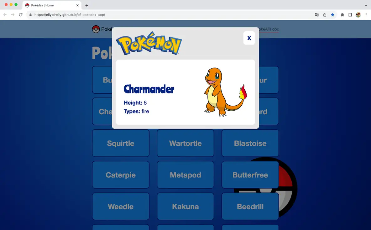browser window screenshot of the pokemon checker app showing an open modal displaying the pokemon charmander, its height and its type