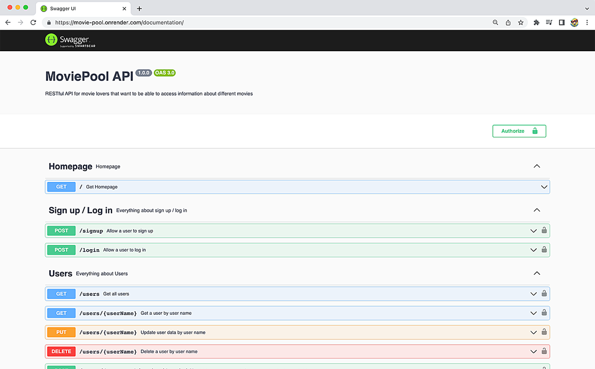 browser window screenshot of the api swagger documentation
